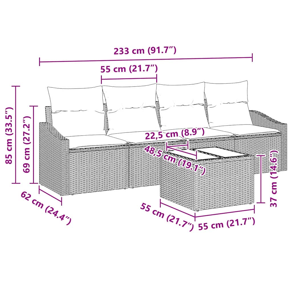 Garten-Sofa-Set 5 pcs Schwarz und Creme 55 x 55 x 37 cm